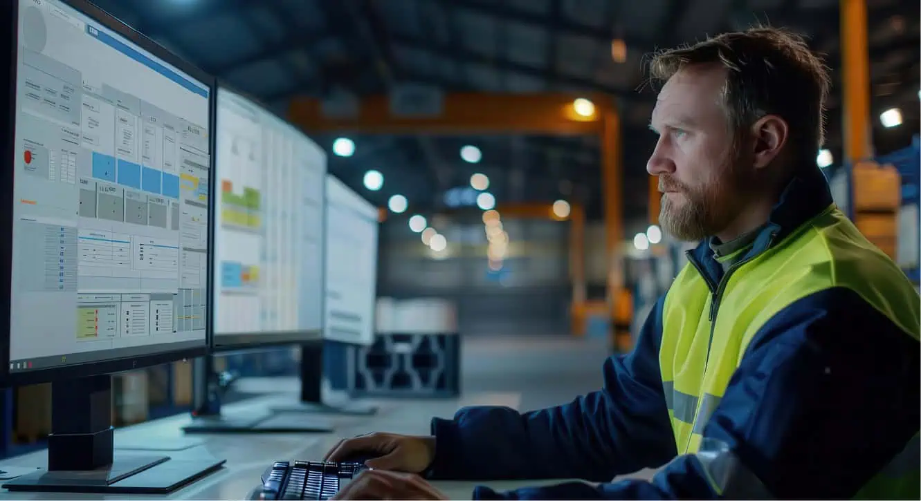 warehouse working at computer analyzing data