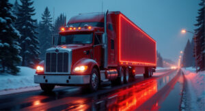 semi truck on icy winter road