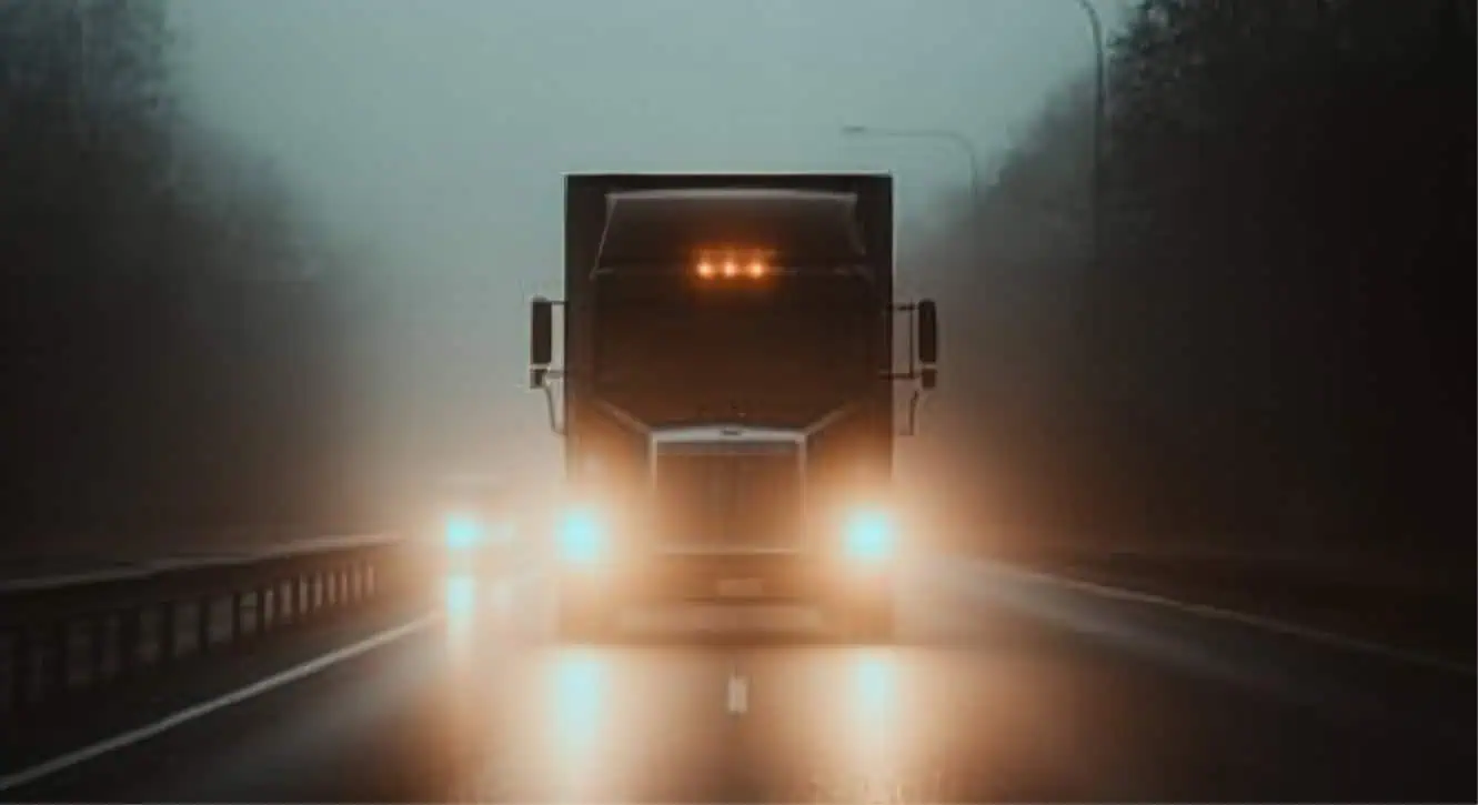 semi truck driving through fog