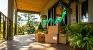 shipping packages on a front porch with line chart showing upward trend