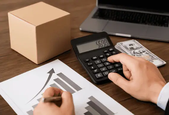 person using a calculator to determine shipping costs