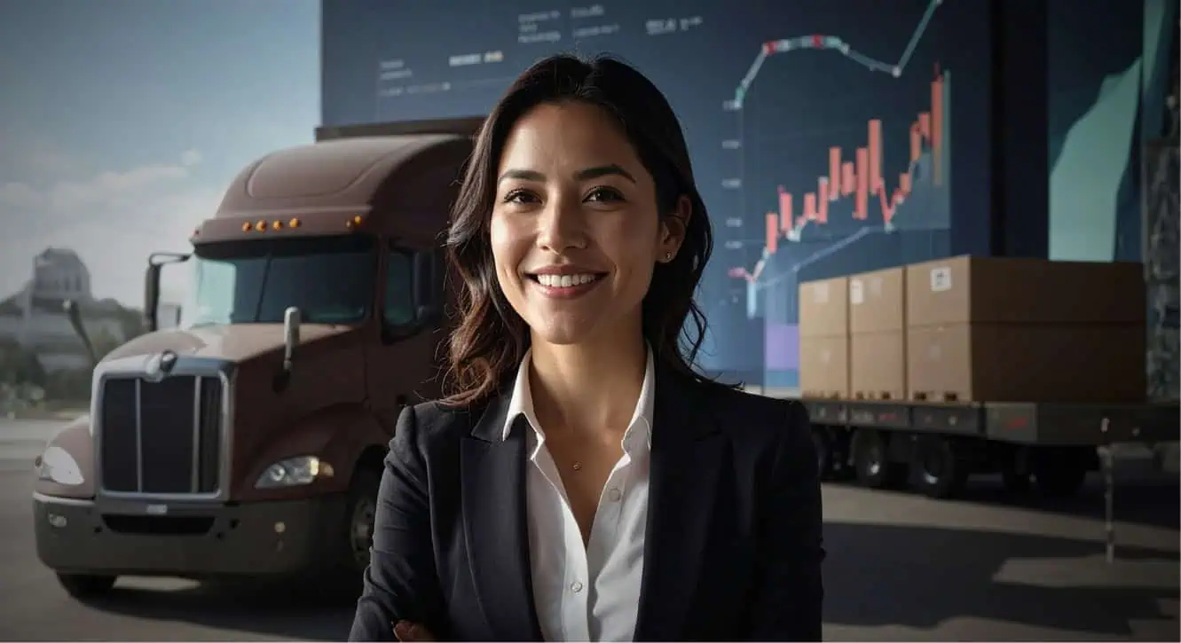 person standing in front of a shipping truck with data dashboard in background