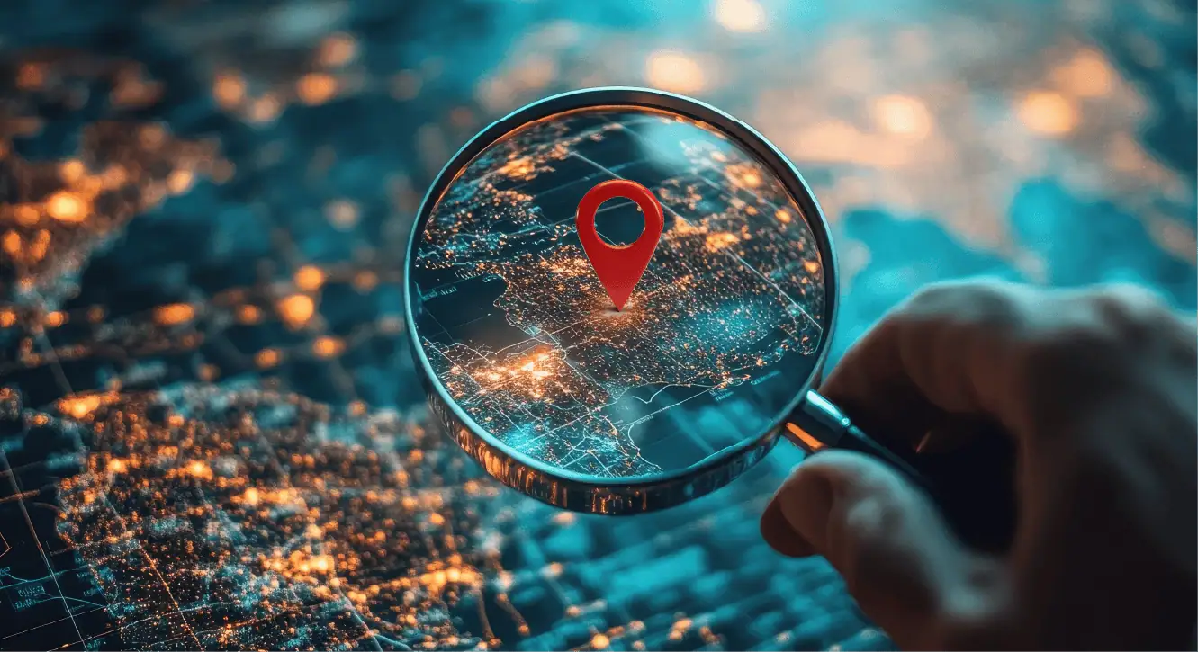 magnifying glass looking at a map with data points for ltl shipping