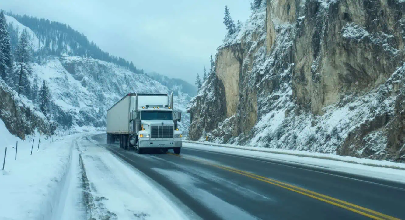 freight truck in a snowy mountain environment