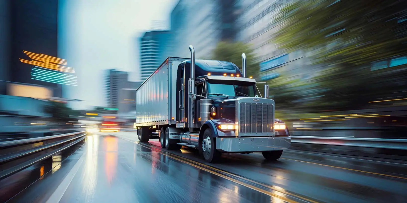 freight truck driving through city