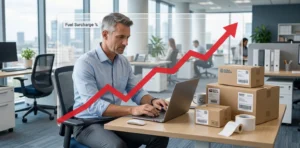 businessman with parcel rising graph