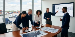 logistics professionals in a board road talking about strategy