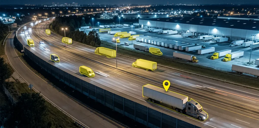 freight trucks on a highway at night - highlighted yellow