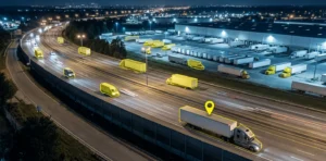 freight trucks on a highway at night - highlighted yellow