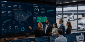 people looking at a data dashboard of transportation KPI's