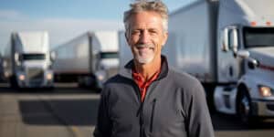 person standing outside of a few freight trucks