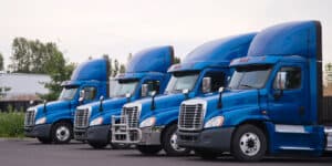 blue trucks parked in a row