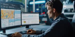 person looking at a computer monitor showing shipping data information