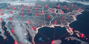 U.S. map showing locations with red pins
