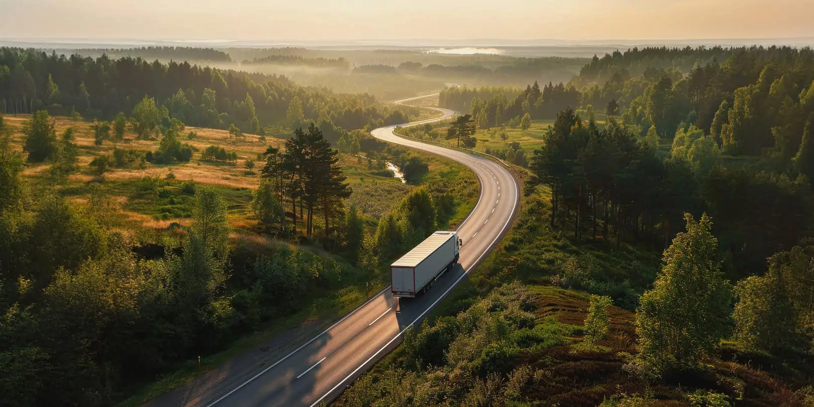 truck driving on a sunset lit highway